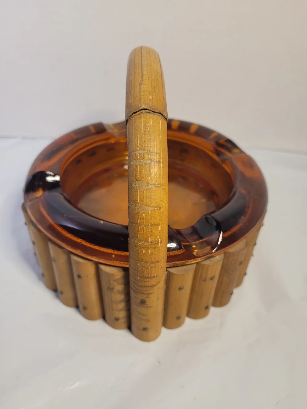 Vintage MCM Amber Glass Ashtray In A Bamboo Basket (A1)